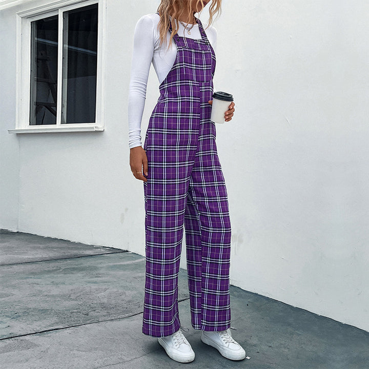 Damen Lässiger Karierter Jumpsuit mit breitem Bein und verstellbaren Trägern Echo Archiv