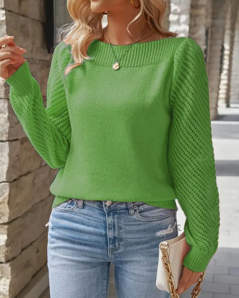 Damen nan feiner Strickpullover mit Ajour- Puffärmeln und U-Boot-Ausschnitt Echo Archiv