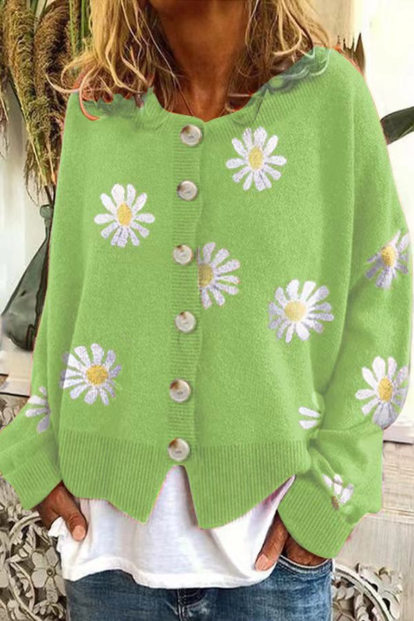 Damen Oversize Strickcardigan mit Knopfleiste und Gänseblümchen-Print Echo Archiv