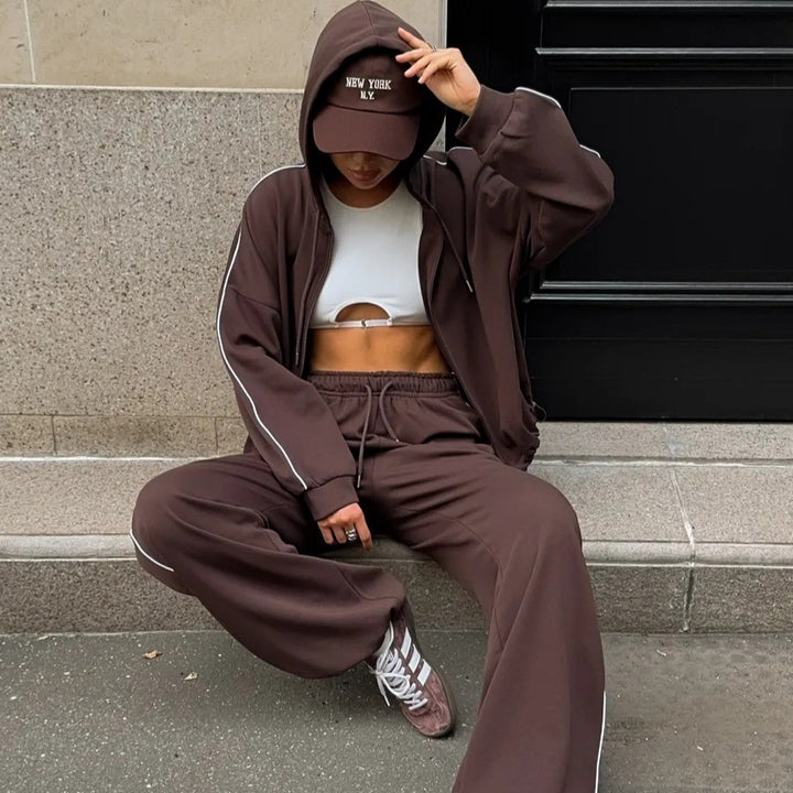 Damen Lässiges Zweiteiliges Sweatset mit Kapuzenjacke und weitem Bundfalten Jogginghose – Élanora