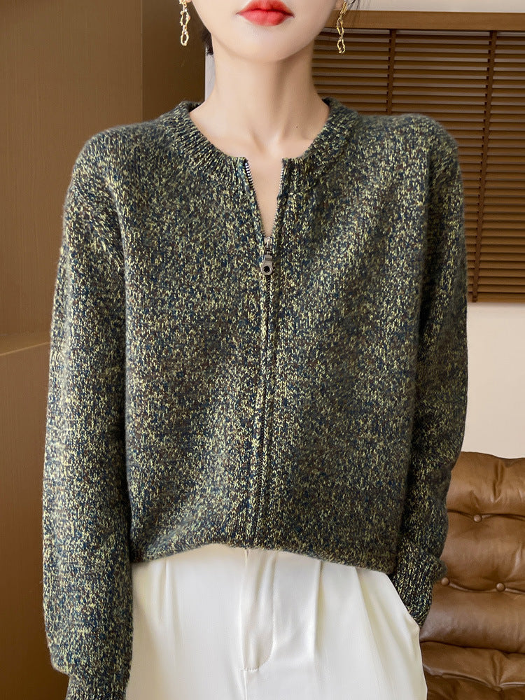 Damen Melierter Reißverschluss-Cardigan mit Zwei-Wege-Zipper und gerippten Bündchen Echoarchiv