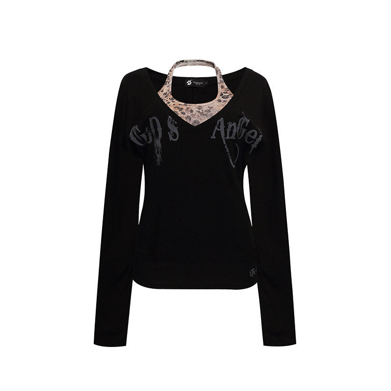 Damen Lagen-Langarmshirt mit integriertem Neckholder und Vintage-Grafik Echoarchiv