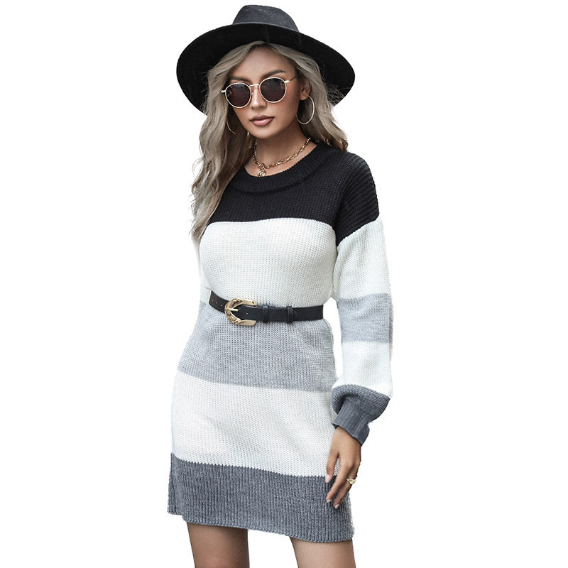 Damen gestreiftes Strick-Minikleid mit Ballonärmeln und Taillengürtel Echoarchiv