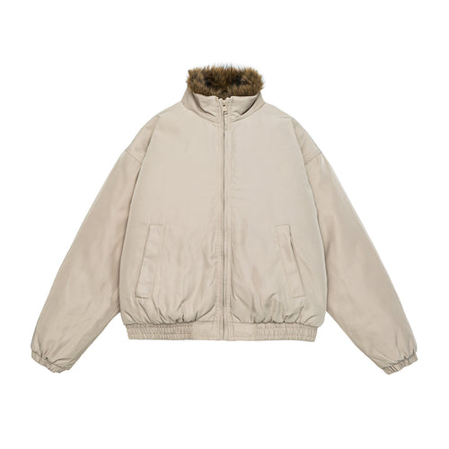 Damen Oversize wattierte Bomberjacke mit elastischem Saum und Kunstfellbesatz Echoarchiv