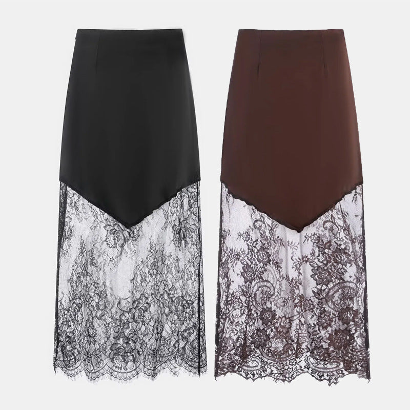 Damen nan Satinrock mit Spitzen-Overlay und asymmetrischem Zipfelsaum Echo Archiv