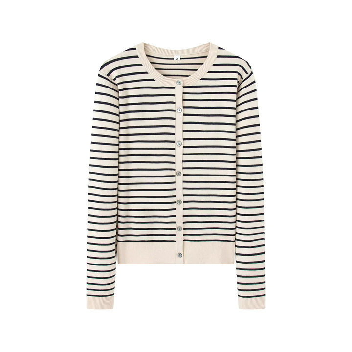 Damen gestreifte Feinstrick-Cardigan mit Rundhalsausschnitt und durchgehender Knopfleiste – Veloura