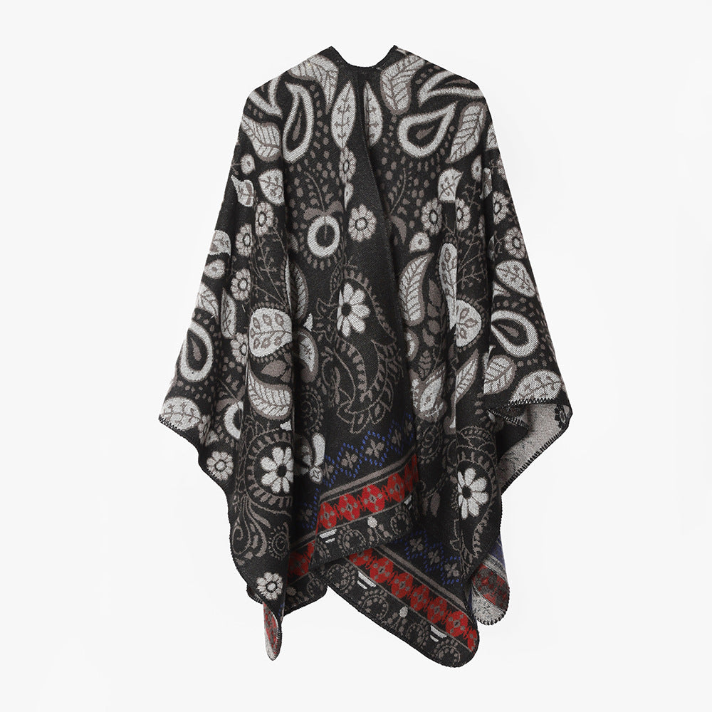 Damen Oversize Jacquard-Ruana im Cape‑Stil mit floral‑paisley Muster – Avérine