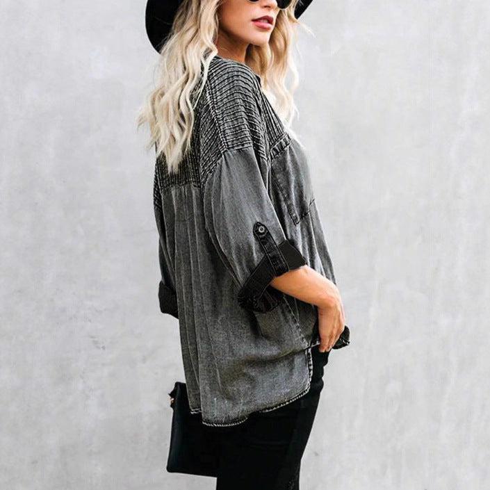 Damen Oversize-Denimbluse mit gesteppter Passe, Knopfleiste und aufgesetzten Brusttaschen Echo Archiv