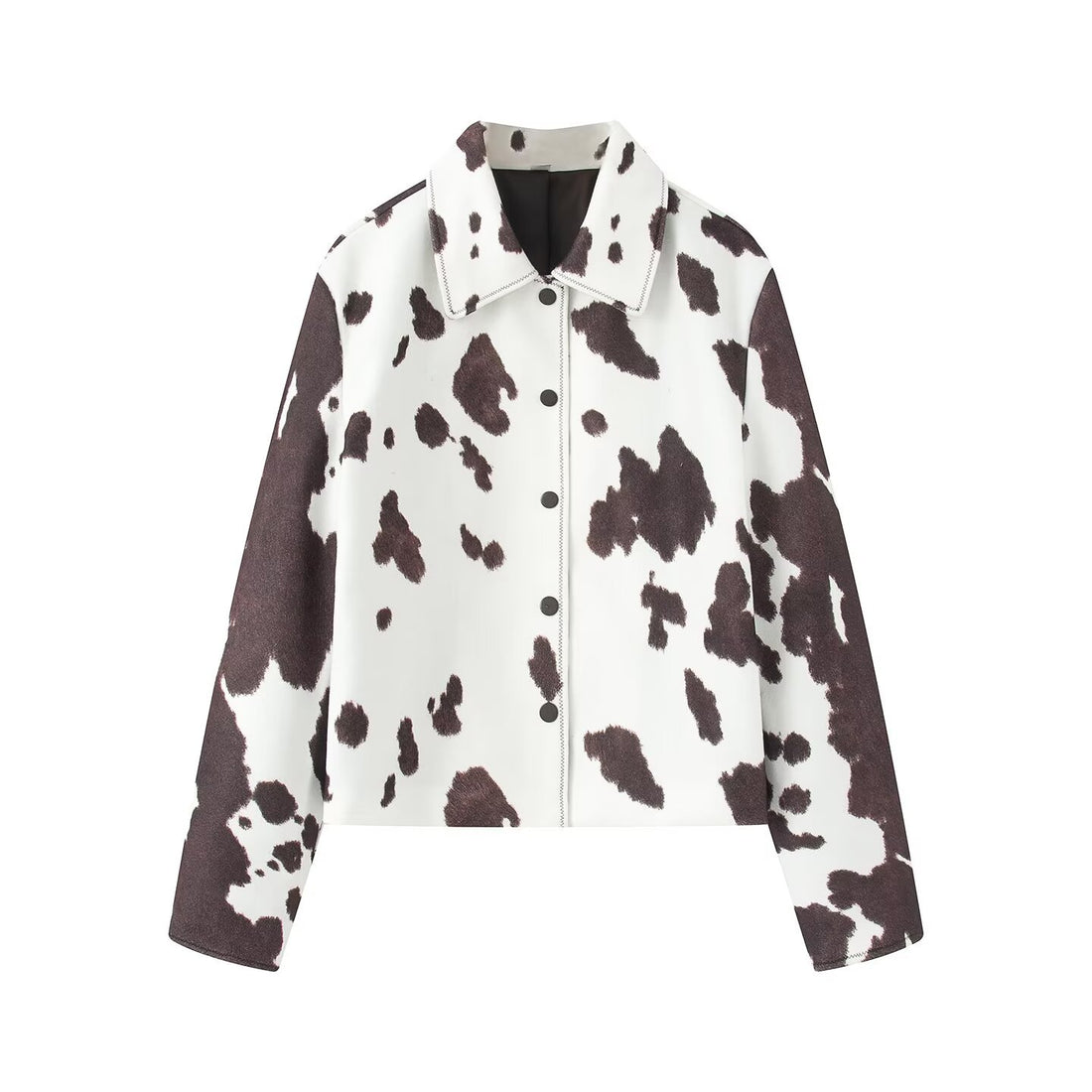 Damen Cropped Hemdjacke im Boxy-Cut mit Kuhflecken-Print und Druckknopfleiste Echoarchiv