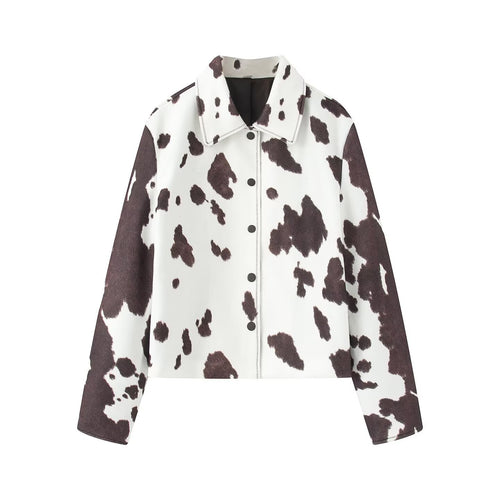 Damen Cropped Hemdjacke im Boxy-Cut mit Kuhflecken-Print und Druckknopfleiste Echoarchiv