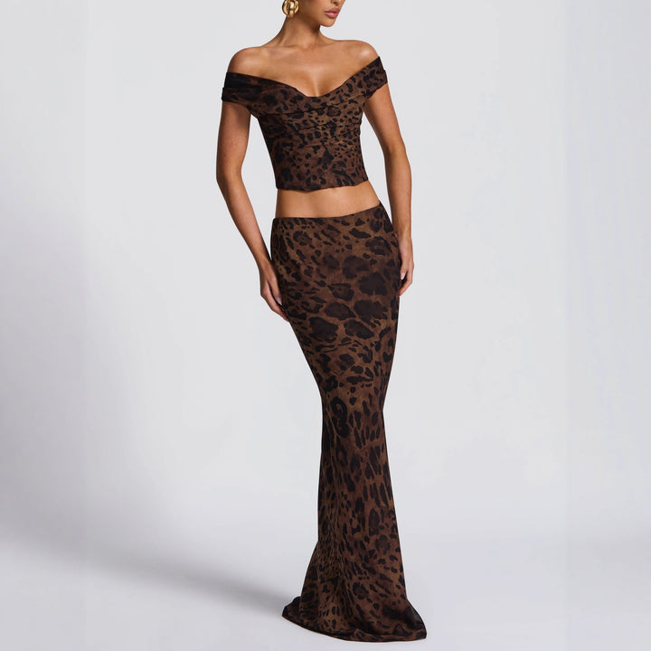 Damen Elegantes Maxikleid mit schulterfreiem Design und Leopardenmuster Echo Archiv