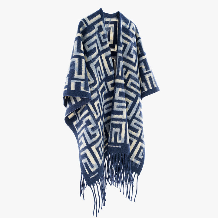 Damen Geometrischer Jacquard-Capeponcho mit Fransen und offenem Fall – Avérine