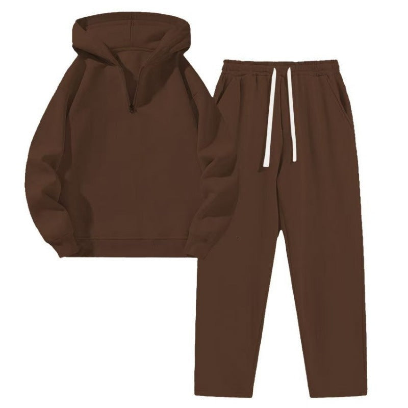 Damen Relax-Set mit kurzem Halbzip, übergroßer Kapuze und taillenhoher tapered Jogginghose – Auréline