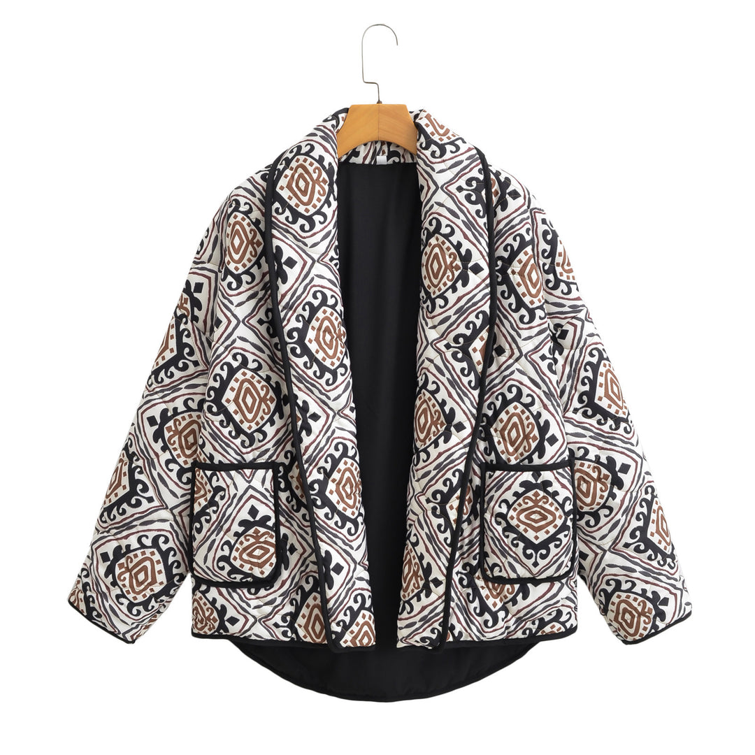 Damen Gesteppte Kimono-Jacke mit Ethno-Print, Kontrastpaspel und aufgesetzten Taschen Echo Archiv