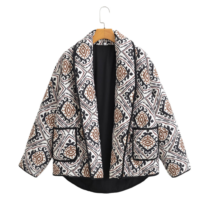 Damen Gesteppte Kimono-Jacke mit Ethno-Print, Kontrastpaspel und aufgesetzten Taschen Echo Archiv