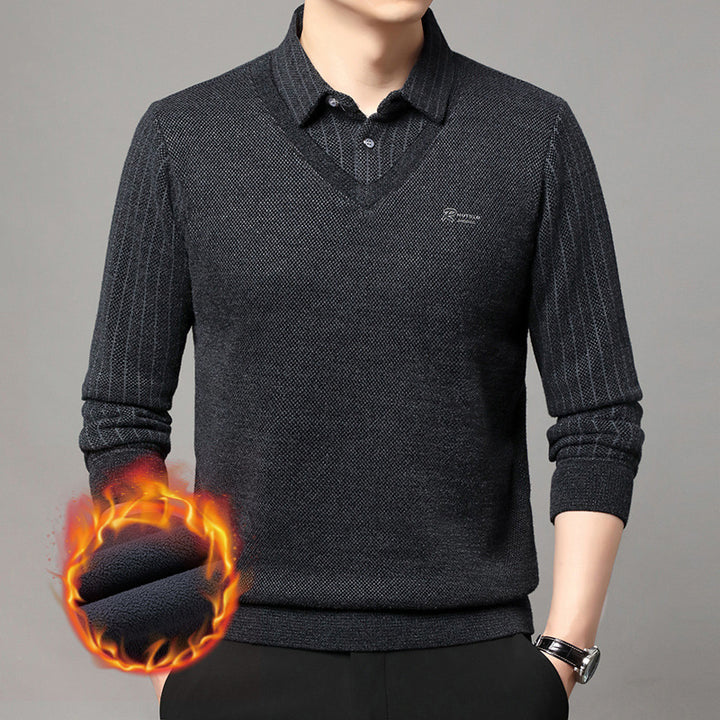 Herren eleganter V-Pullover mit strukturierten Ärmeln und klassischem Hemdkragen Echoarchiv