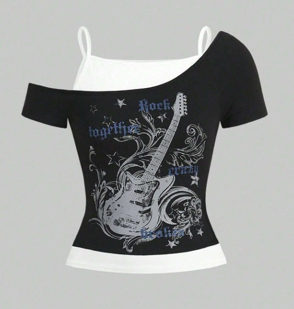 Damen Asymmetrisches Rock-T-Shirt mit grafischem Druck Echo Archiv