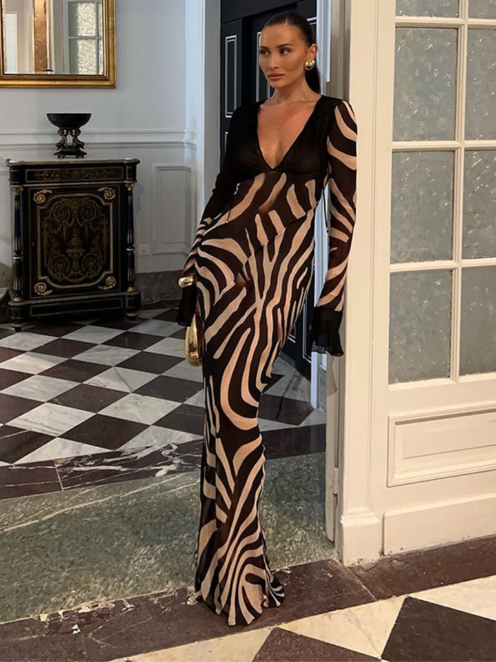 Damen figurbetontes Mesh‑Maxikleid mit tiefem V‑Ausschnitt & grafischem Zebra‑Print Echoarchiv