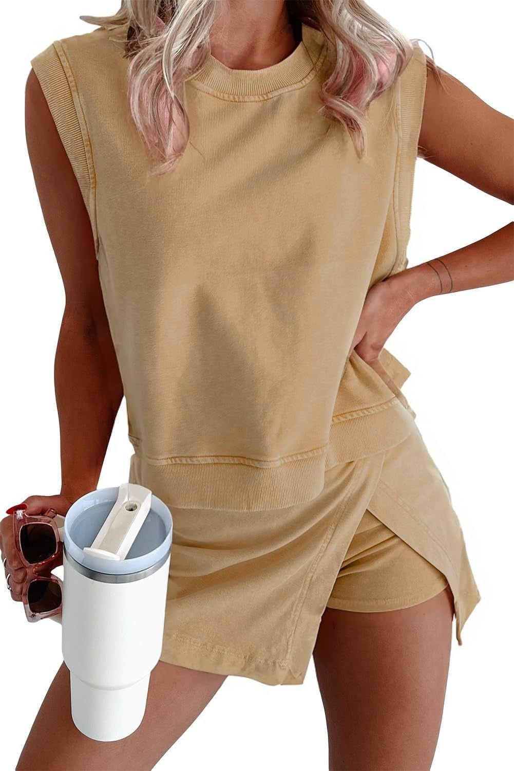 Damen nan lässiges Jerseystoff-Zweiteiler-Set mit ärmellosem kastigem Top und Wickel-Shortrock mit eingearbeiteten Shorts Echo Archiv