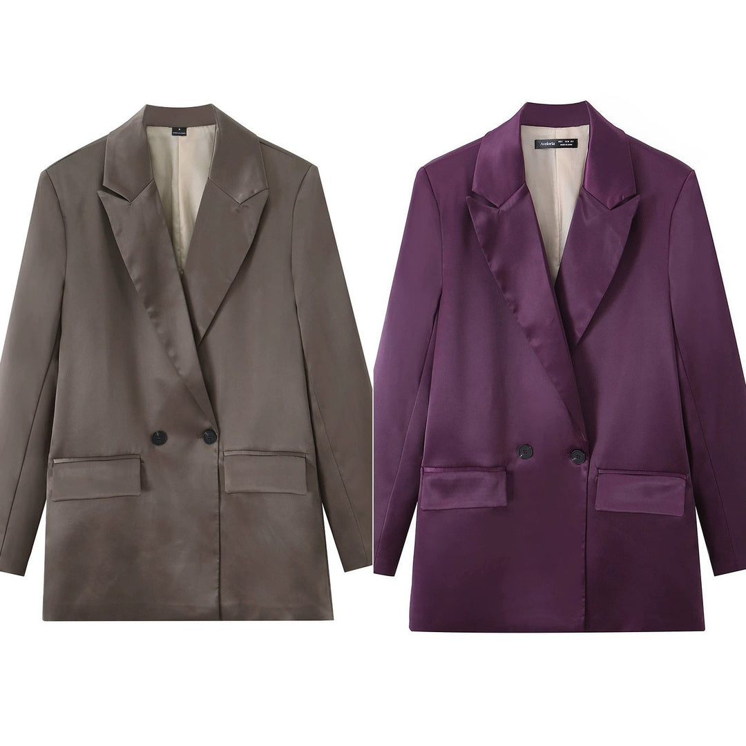 Damen Satin-Longblazer mit doppelreihiger Knopfleiste, Schalkragen und Pattentaschen Echo Archiv