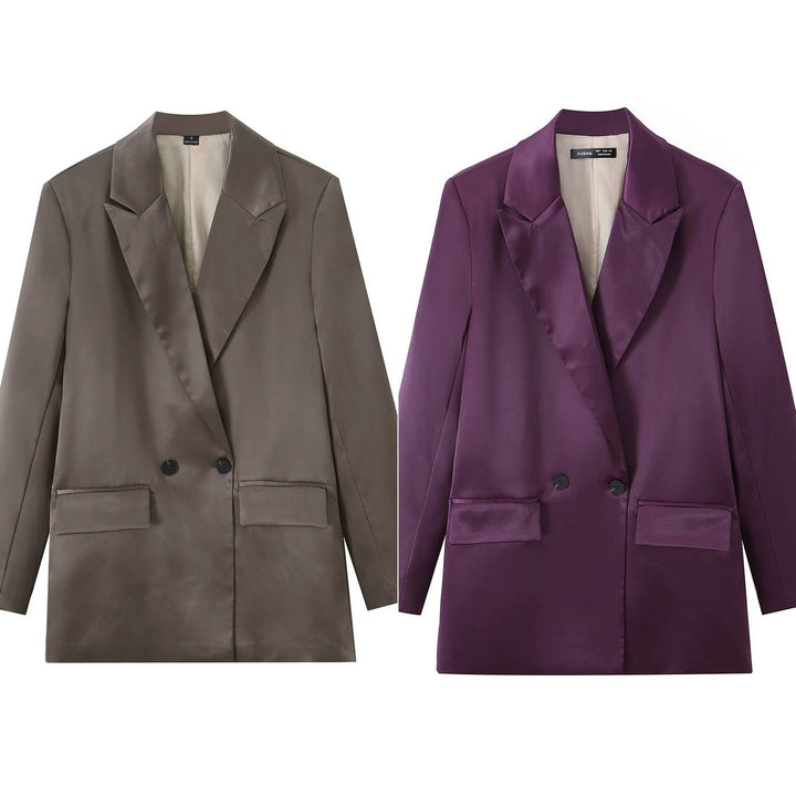 Damen Satin-Longblazer mit doppelreihiger Knopfleiste, Schalkragen und Pattentaschen Echo Archiv