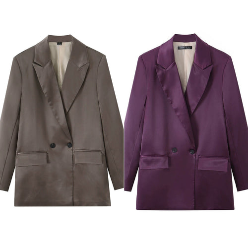 Damen Satin-Longblazer mit doppelreihiger Knopfleiste, Schalkragen und Pattentaschen Echo Archiv