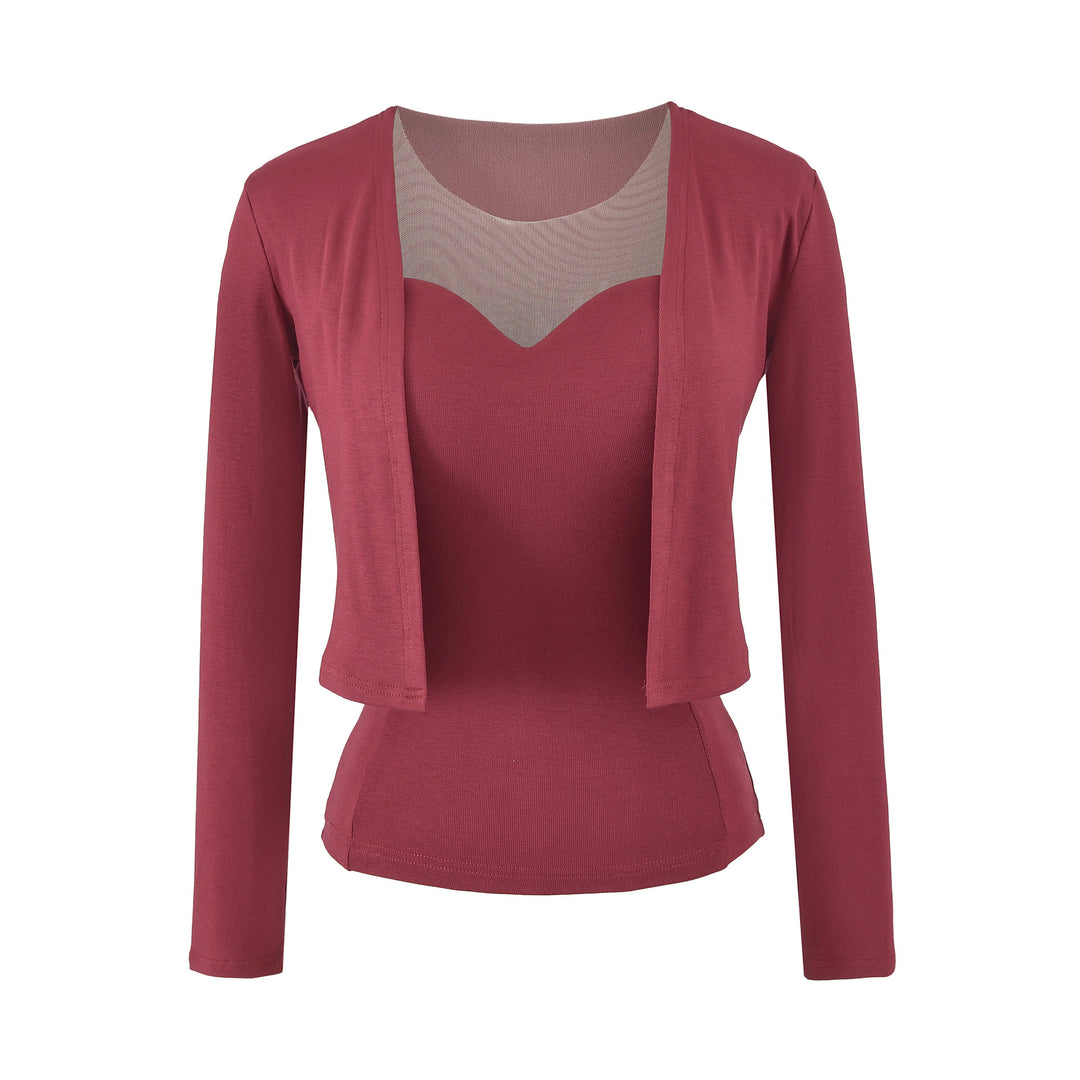 Damen Zweiteiliges Feinstrick-Top-Set mit Mesh-Einsatz und offenem Cardigan Echoarchiv
