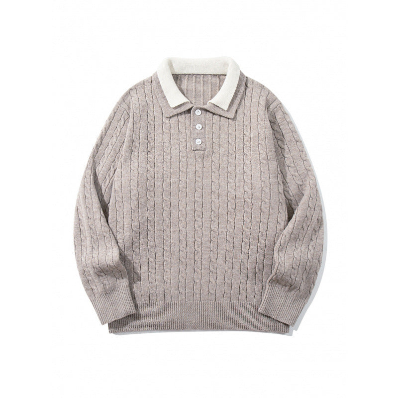 Herren Grobgestrickter Polokragen-Pullover mit Zopfmuster und Knopfleiste Echo Archiv