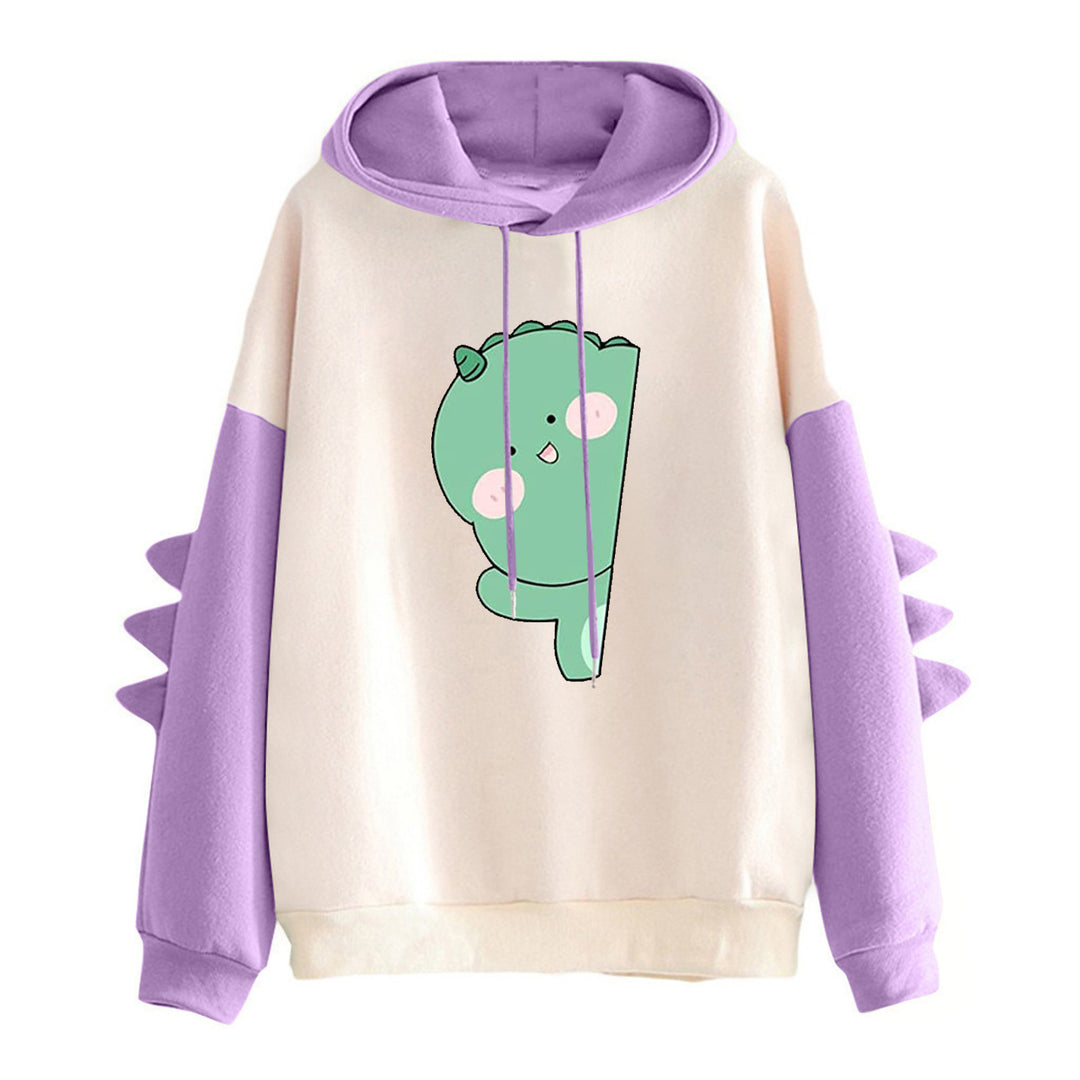 Damen weiter Kapuzenpullover mit dreidimensionalen Rückenstacheln und niedlichem Dino-Print – Auréline