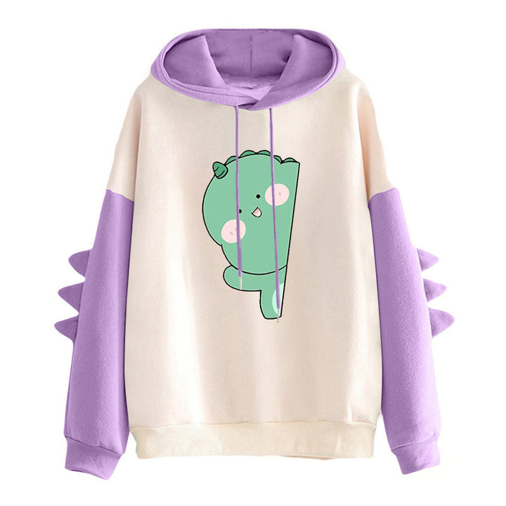 Damen weiter Kapuzenpullover mit dreidimensionalen Rückenstacheln und niedlichem Dino-Print – Auréline