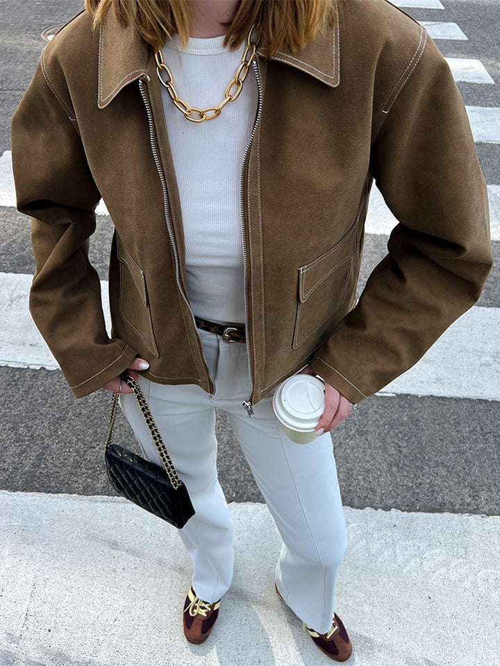 Damen Boxy-Veloursleder-Blouson mit Kontrastnähten und frontalem Reißverschluss Echoarchiv