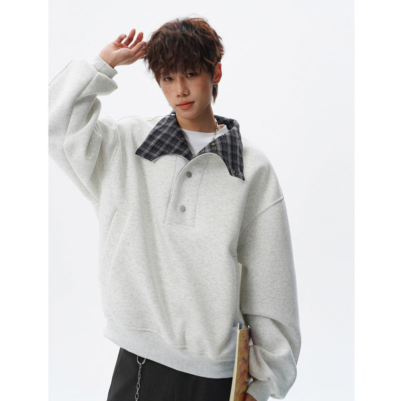 Unisex Oversized Sweatshirt mit abnehmbarem Karo-Kragen und Druckknopfleiste – Norvane