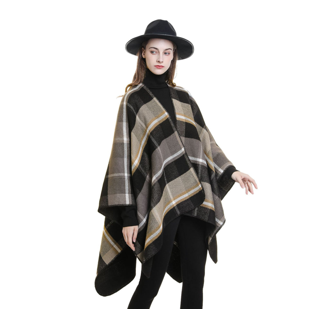 Damen Oversize-Rechteckponcho im Cape-Look mit Kettelsaum und Karomuster Echo Archiv