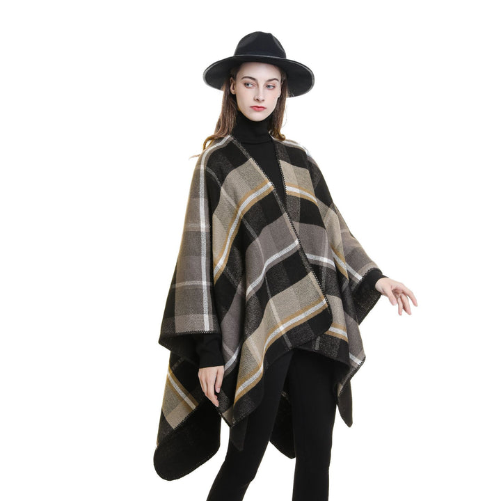 Damen Oversize-Rechteckponcho im Cape-Look mit Kettelsaum und Karomuster Echo Archiv