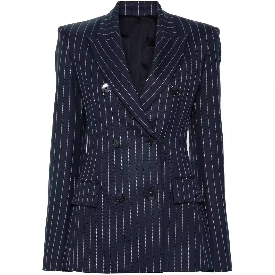Damen Nadelstreifen Zweireihiger Blazer mit High‑Waist Schlaghose Echoarchiv