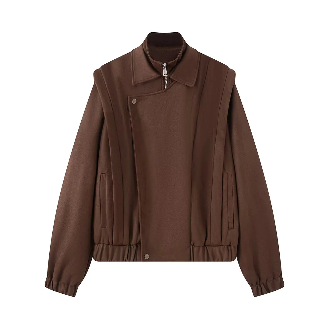 Damen asymmetrische Blousonjacke mit verdeckter Reißverschlussblende, Stehkragen und taillennahem Kordelzug – Célinea