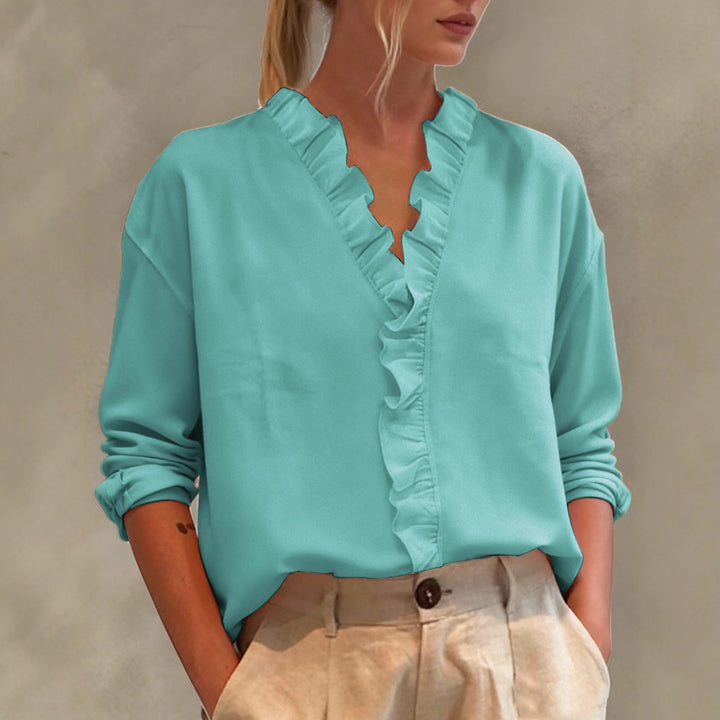 Damen Elegante V-Ausschnitt Bluse mit Volantbesatz und lockerem Oversize-Schnitt – Élovi