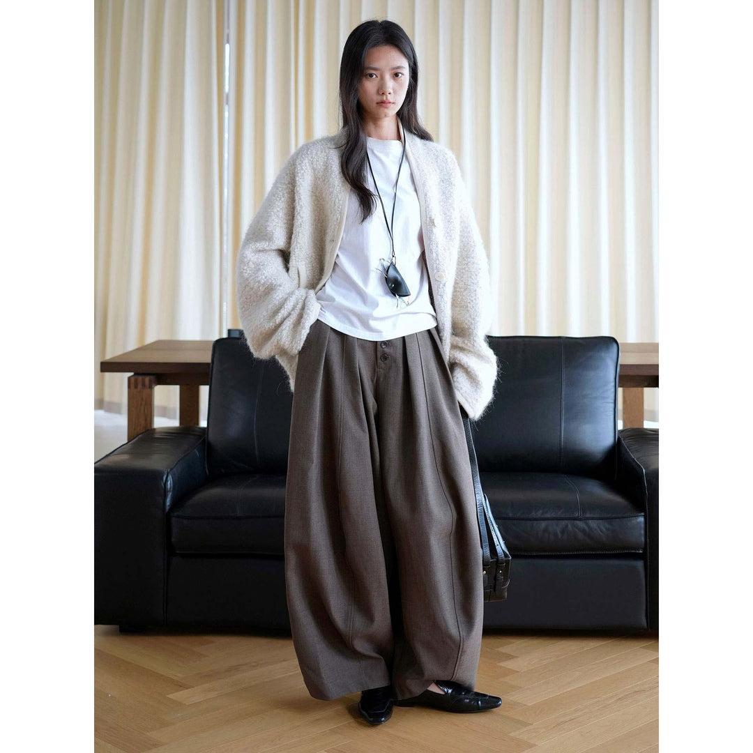 Damen weite Hose mit hoher Taille und dekorativer Knopfleiste Echoarchiv