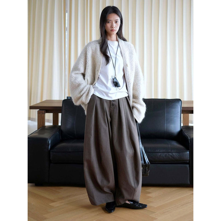 Damen weite Hose mit hoher Taille und dekorativer Knopfleiste Echoarchiv