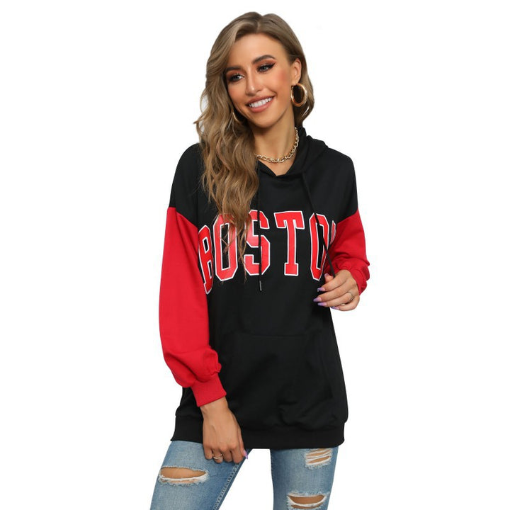 Damen Oversize Kapuzenpullover mit Blockingärmeln und Boston-Frontprint Echoarchiv