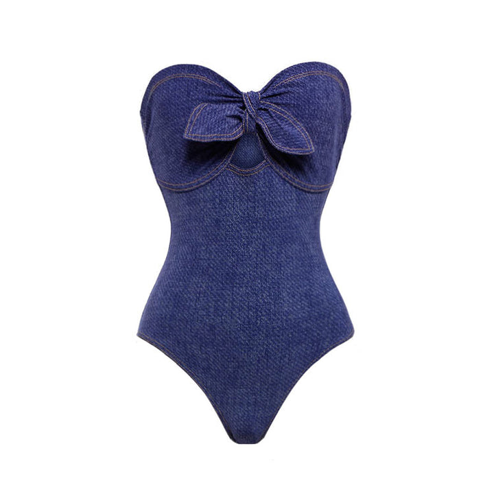 Damen Bandeau Badeanzug mit dekorativen Schleifen und gestreiftem Maxiröckchen Echo Archiv