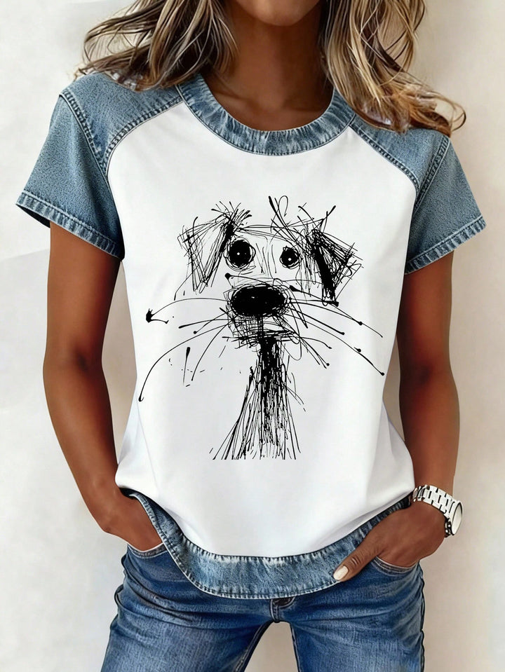 Damen Kurzarmshirt mit Jeans-Einsätzen und Teddy-Patchprint Echo Archiv