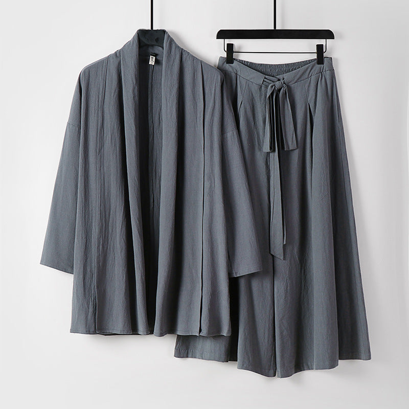 Damen Zweiteiliges Lounge-Set im Kimono-Stil mit offenem Schalkragen und weitem Palazzo-Hosenrock Echoarchiv