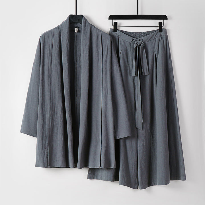 Damen Zweiteiliges Lounge-Set im Kimono-Stil mit offenem Schalkragen und weitem Palazzo-Hosenrock Echoarchiv