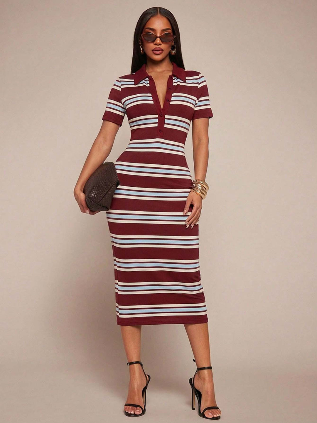 Damen Figurbetontes Polokleid im Streifen‑Look aus Rippstrick mit kurzem Ärmel – Élara