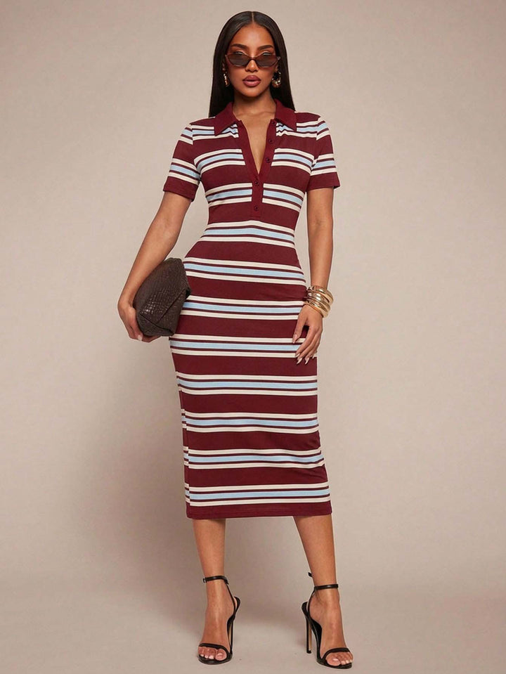 Damen Figurbetontes Polokleid im Streifen‑Look aus Rippstrick mit kurzem Ärmel – Élara