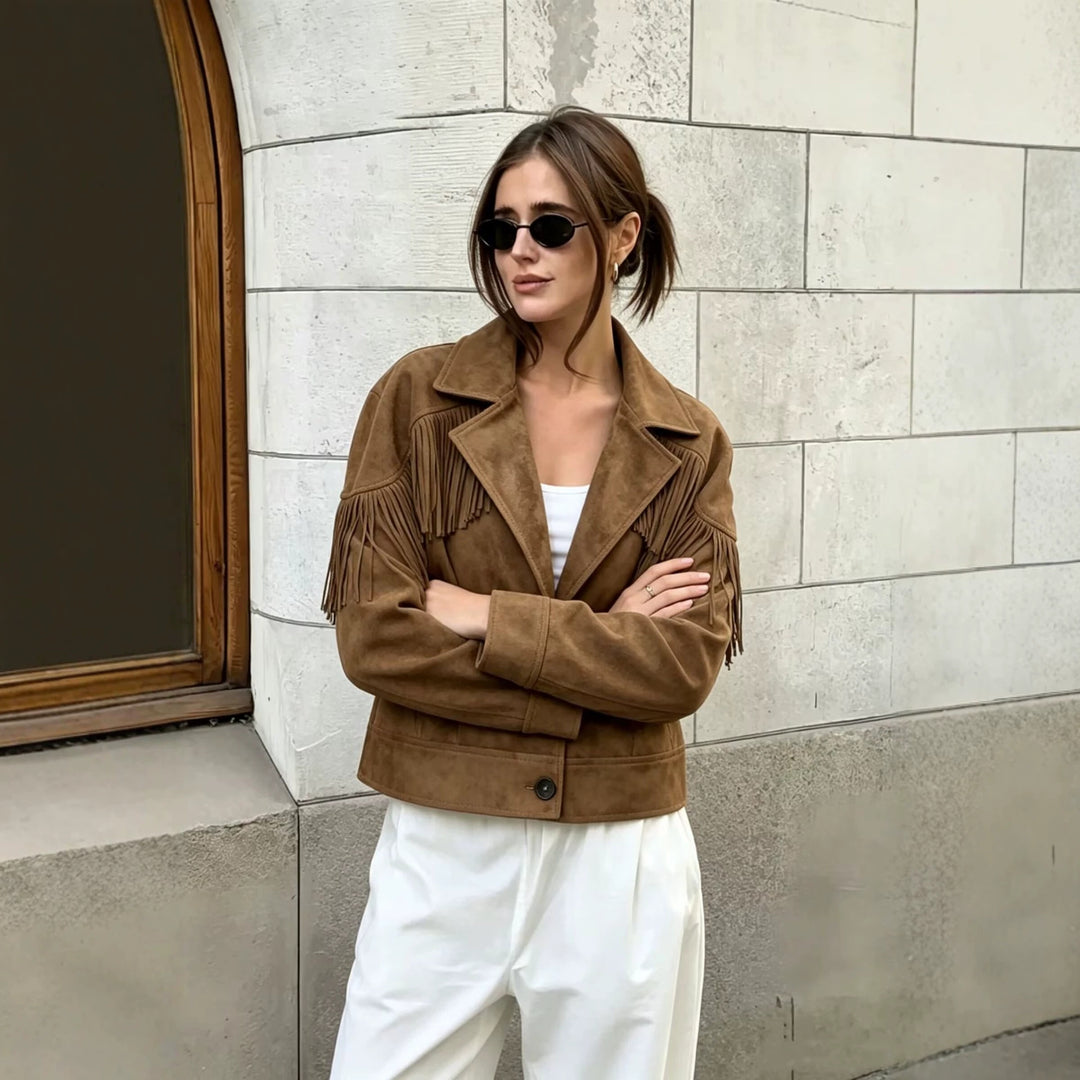 Damen Kurze Wildlederoptik-Fransenjacke im Cropped-Boxy-Schnitt Echoarchiv