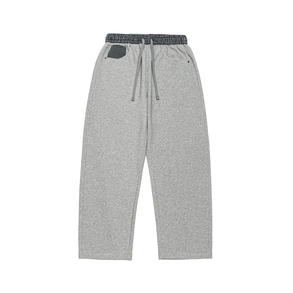 Damen Leichte Sweatpants mit hohem Gummibund, Karomusterbesatz und weitem Cropped Schnitt Echoarchiv