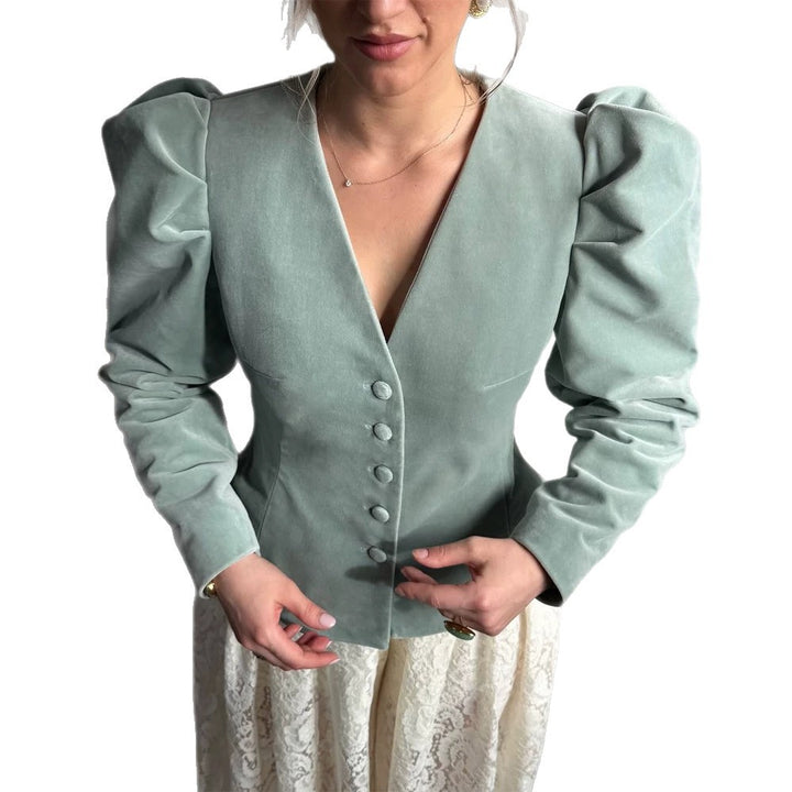 Damen Taillierter Samtblazer mit betonter Taille, V-Ausschnitt und voluminösen Puffärmeln Echoarchiv