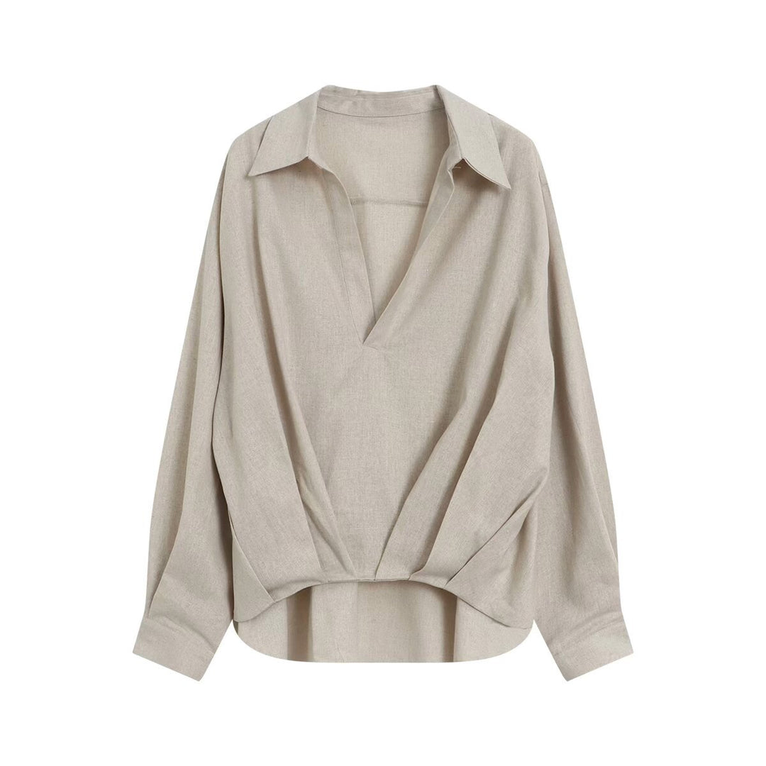 Damen Oversize Leinenoptik-Bluse mit tiefem V‑Ausschnitt, Hemdkragen und gerafftem Vorderteil Echo Archiv